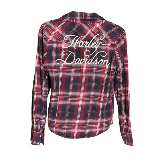 Harley-Davidson Red Orange Black Plaid Snap Front Embroidered Western Shirt Sz X - Picture 2 of 11